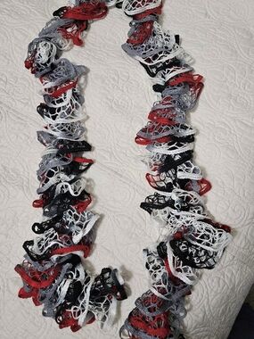 Ruffled Knit Scarf in Red, Black, Gray & White- Handmade